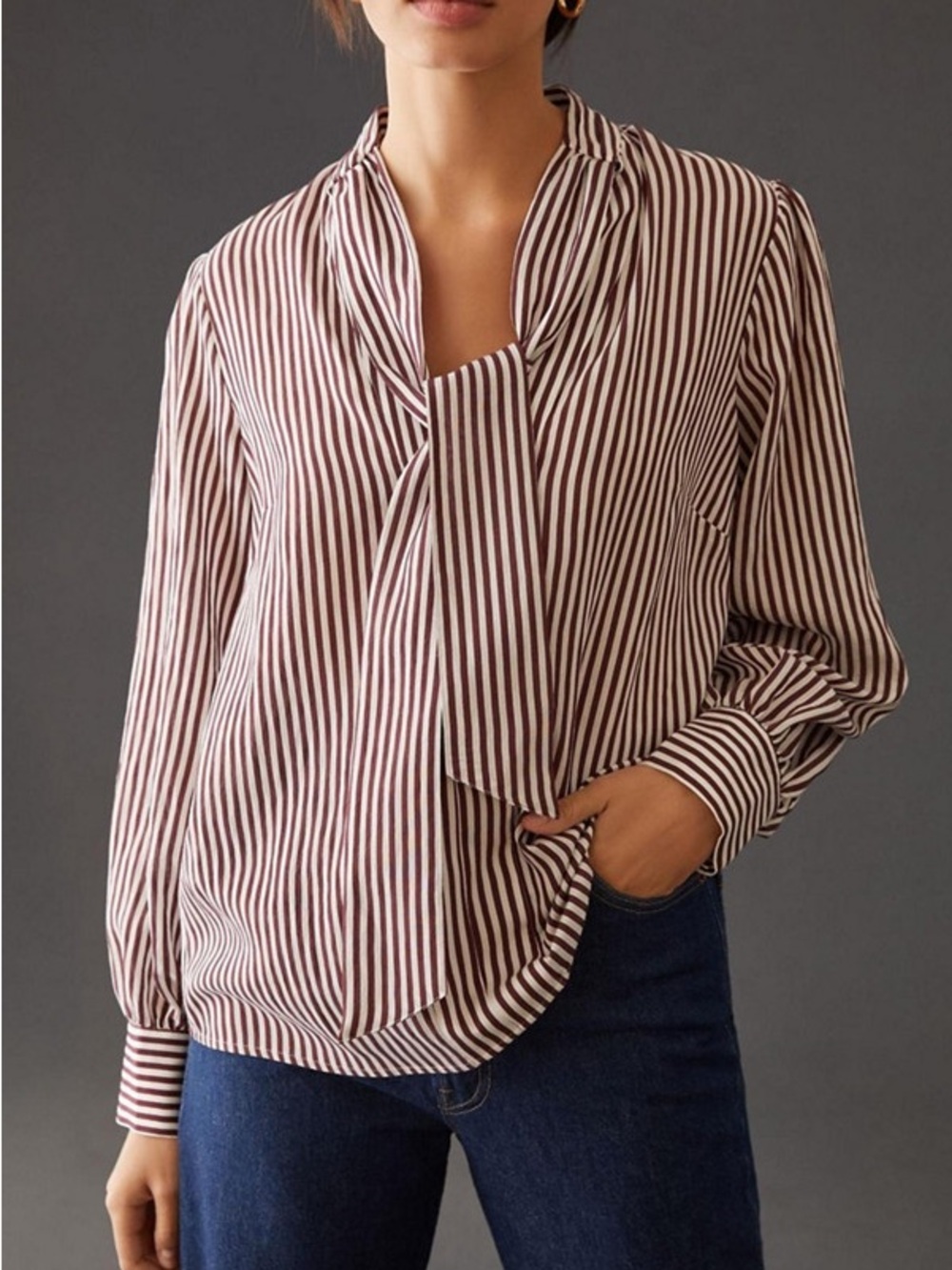 Anthropologie Maeve Tie Neck Blouse XXS Burgundy Stripe Office Career Parisian - Picture 3 of 13